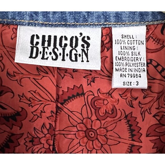 Chico’s Denim Jacket Women CHICO Size 3 Blue, Silk Lined Boho Loop Button - Picture 5 of 11
